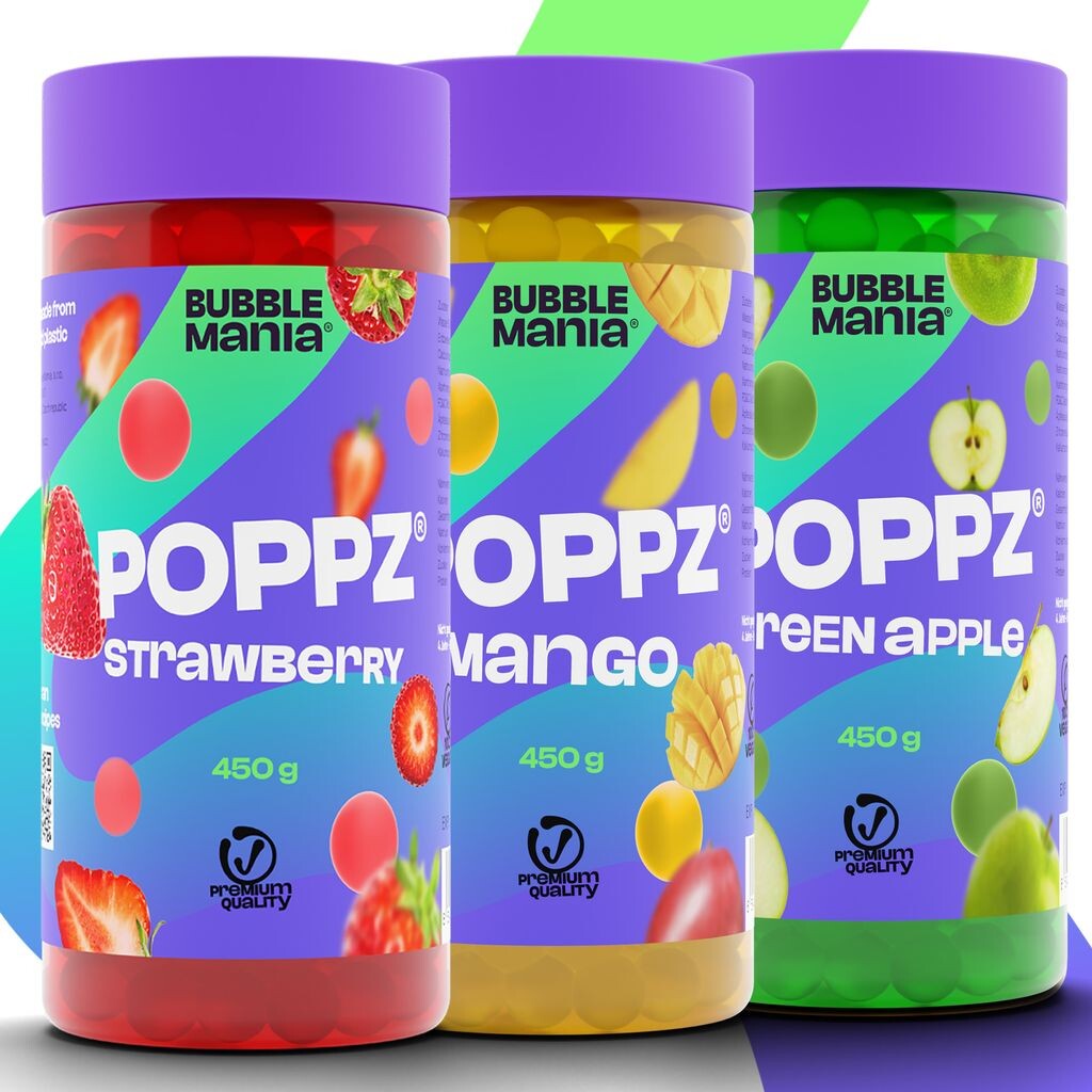

POPPZ BubbleMania Выскакивающие фруктовые жемчужины боба для смеси пузырькового чая | Манго, клубника, зеленое яблоко – 3 х 450 г