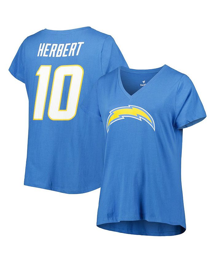 

Женская фирменная футболка Justin Herbert Powder Blue Los Angeles Chargers размера плюс с именем и номером игрока с v-образным вырезом Fanatics, синий