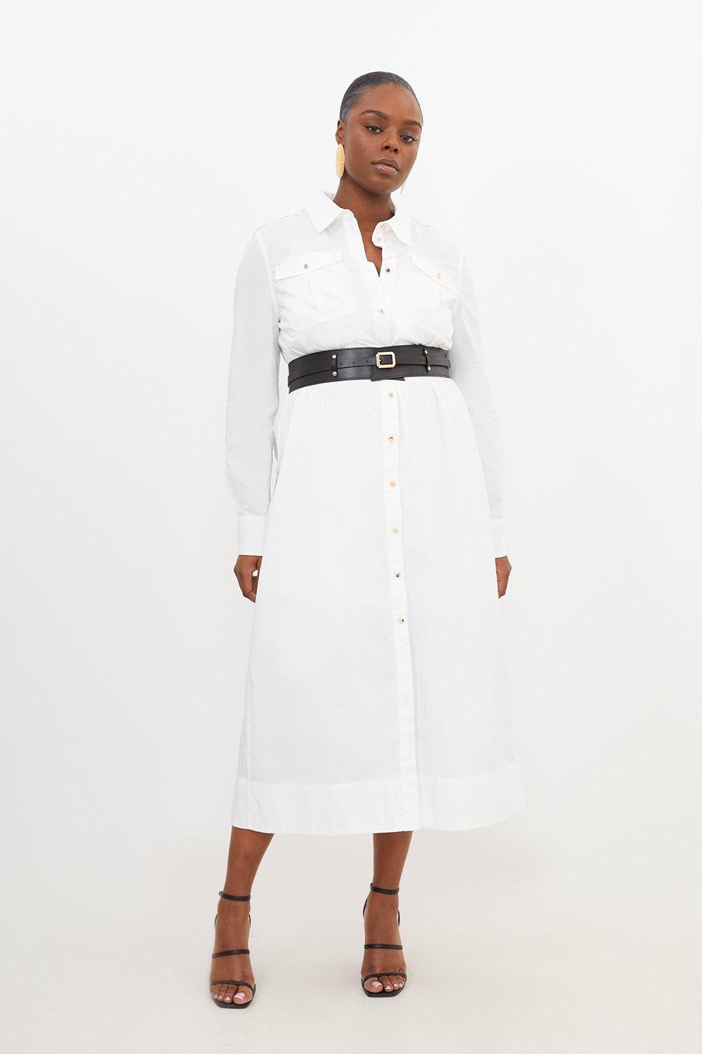 цена Платье-рубашка размера плюс из хлопкового поплина из искусственной кожи с поясом Midaxi Karen Millen, белый