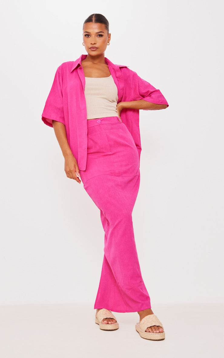 PrettyLittleThing Ярко-розовая тканая юбка-миди с высокой талией и разрезом на подоле qooth весенне летние женские винтажные повседневные длинные юбки миди с цветочным принтом модная юбка с высокой талией элегантная трапециев