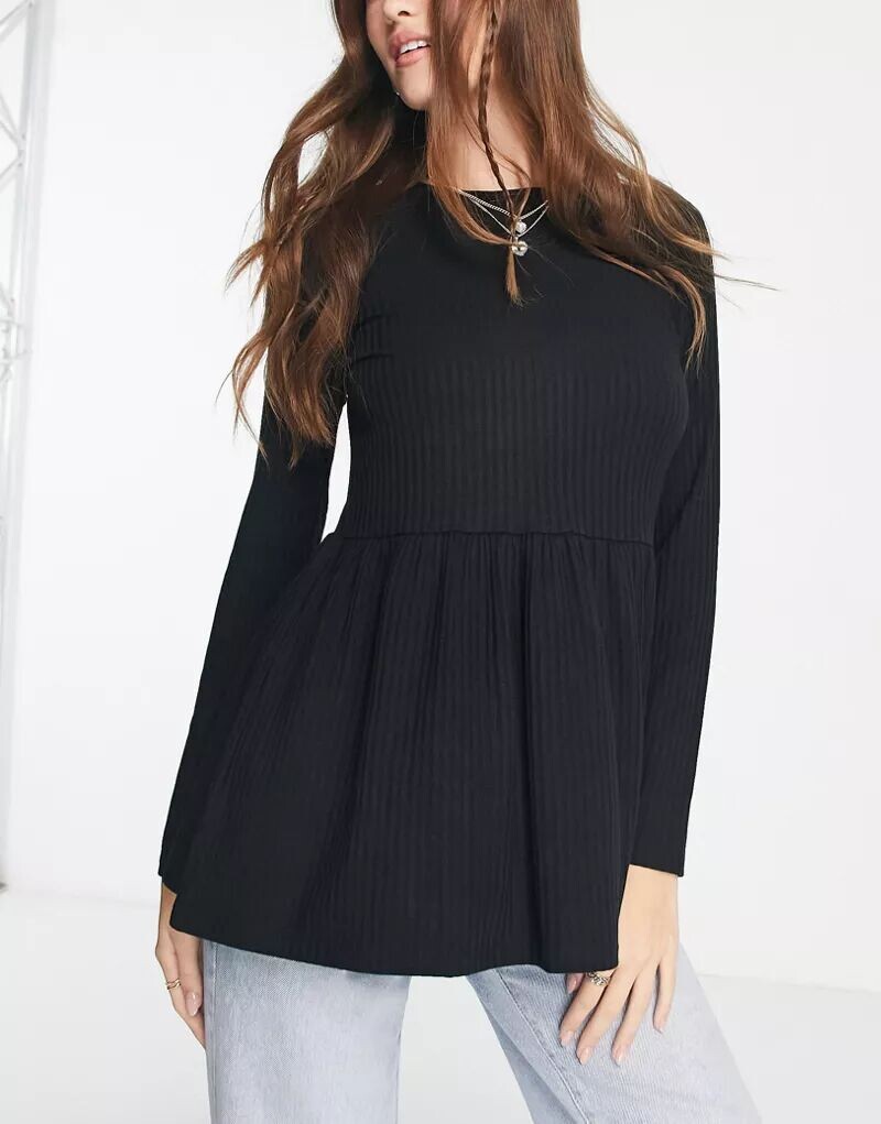 

Черный топ с баской в ​​рубчик с длинными рукавами New Look