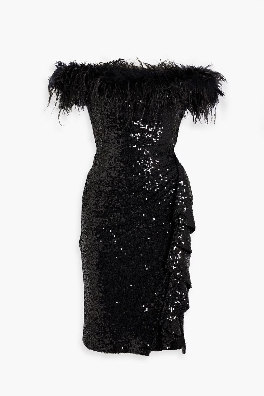 

Платье из тюля с открытыми плечами, украшенное перьями и пайетками Badgley Mischka, черный