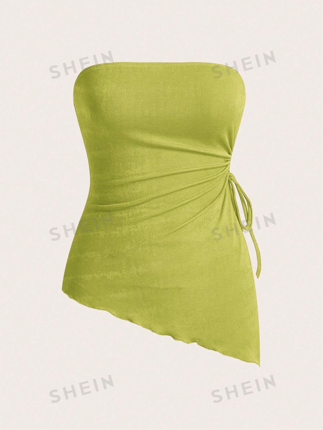 SHEIN MOD Вязаный женский асимметричный топ-бандо с завязками по бокам и неровным подолом, оливково-зеленый