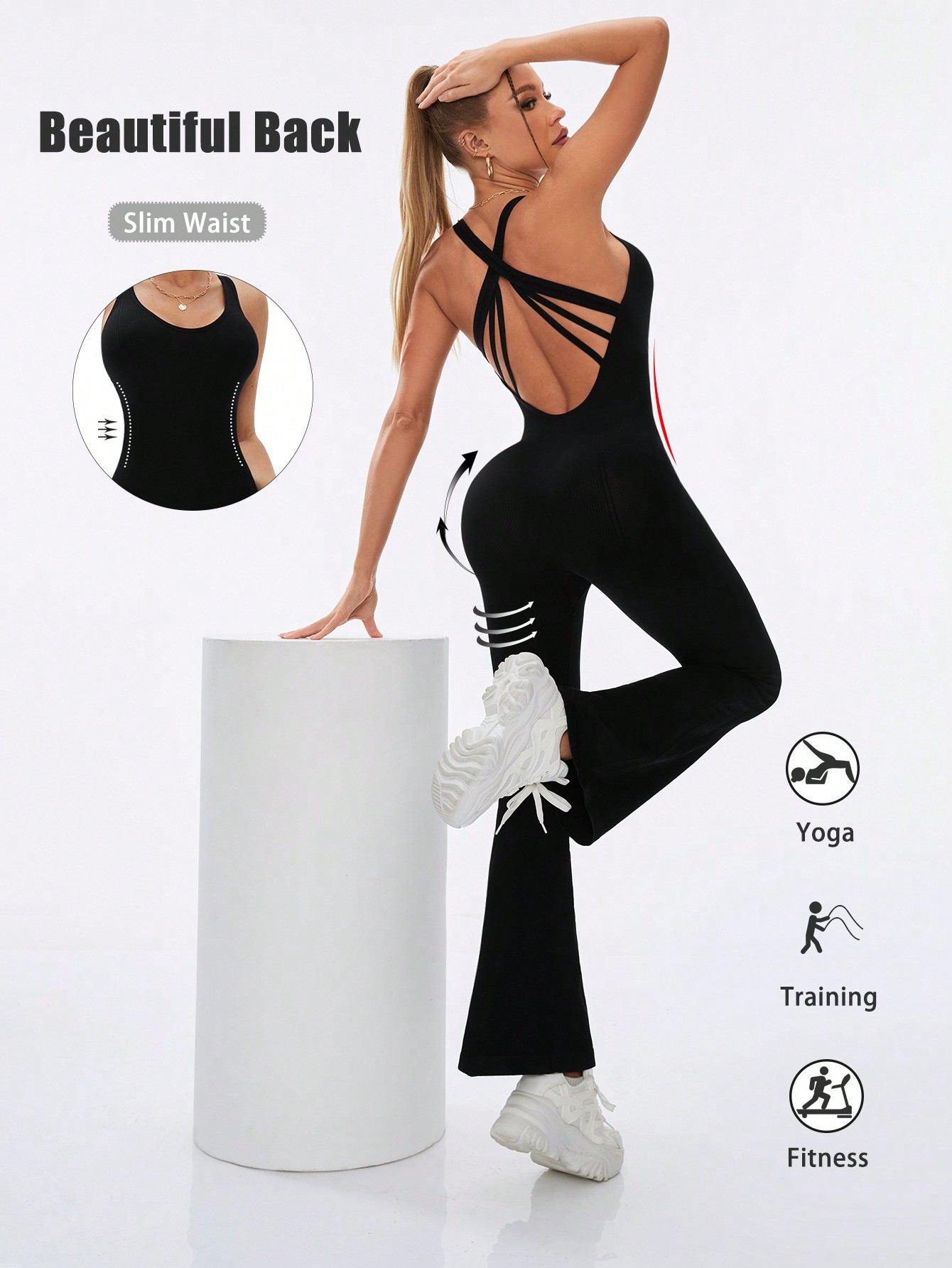 женский спортивный комбинезон с открытой спиной черный Женский спортивный комбинезон со скрещенной спиной, черный