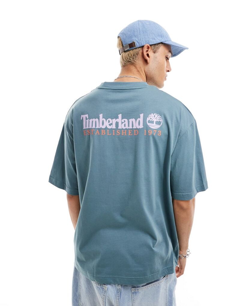 

Timberland — синяя футболка оверсайз с большим логотипом на спине — только на ASOS