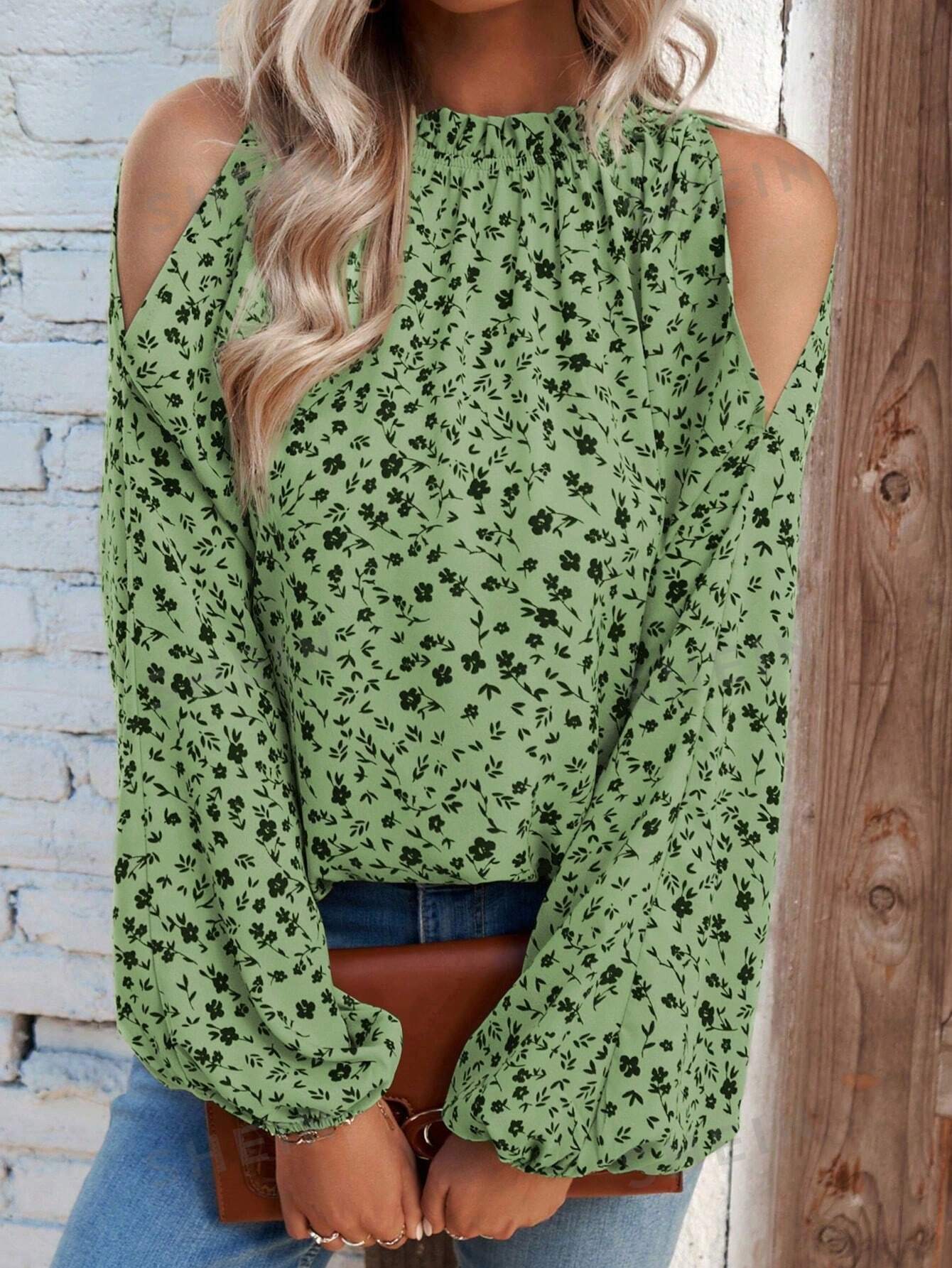 SHEIN LUNE Блузка с открытыми плечами и цветочным принтом, зеленый женская шифоновая рубашка пикантная с прямым вырезом цветочным принтом расклешенным рукавом блузка с открытыми плечами