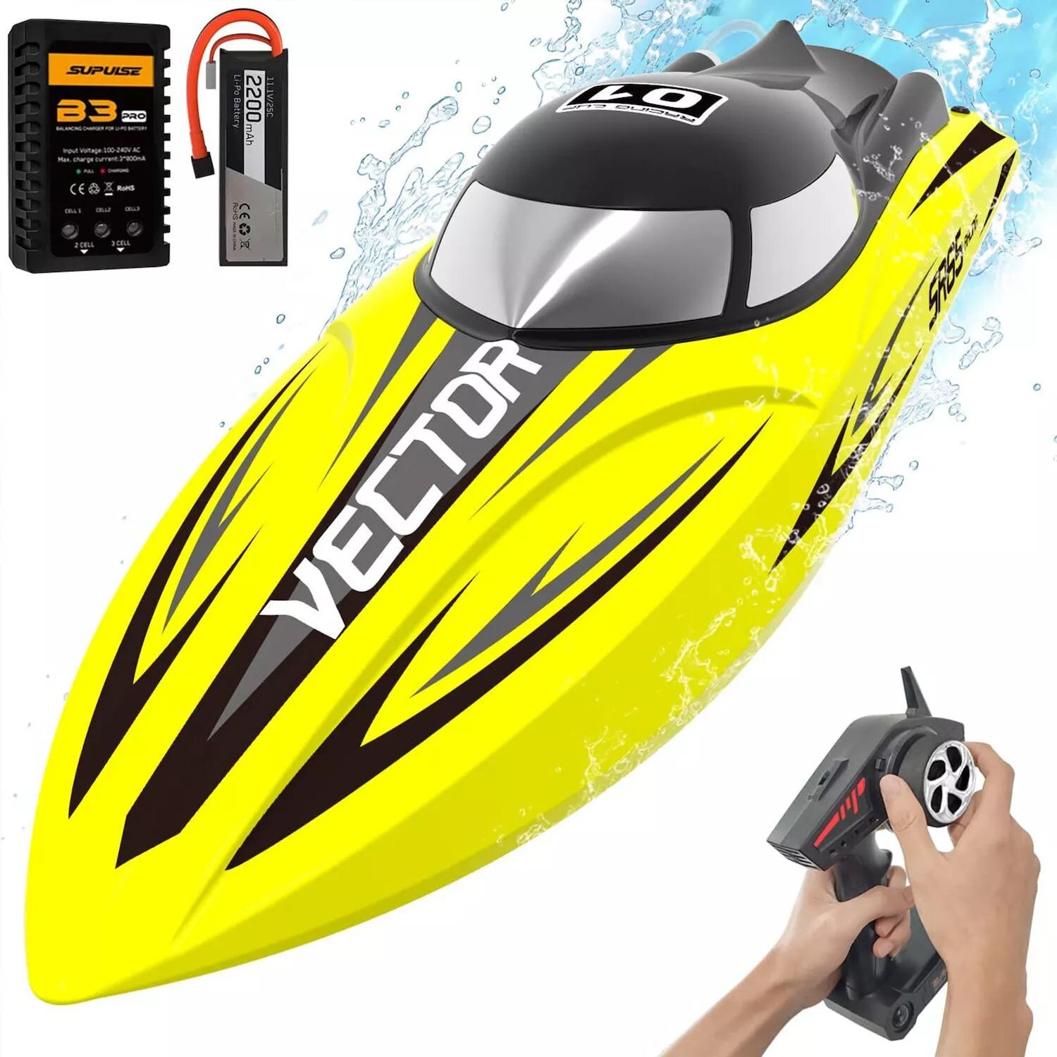 

VOLANTEXRC Vector SR65 37MPH Открытый электрический гоночный катер с дистанционным управлением, желтый VOLANTEXRC