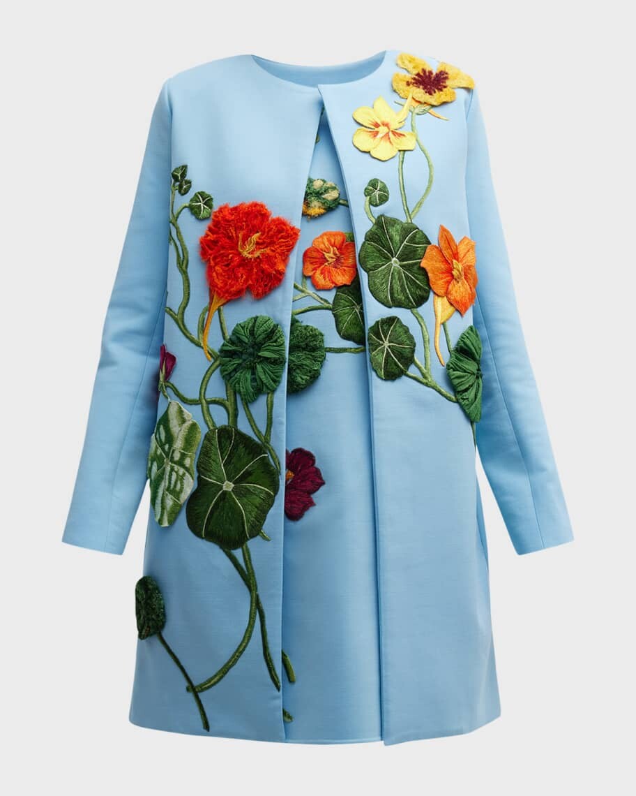 

Открытое пальто с длинными рукавами и цветочной вышивкой Nasturtium Oscar de la Renta, Синий