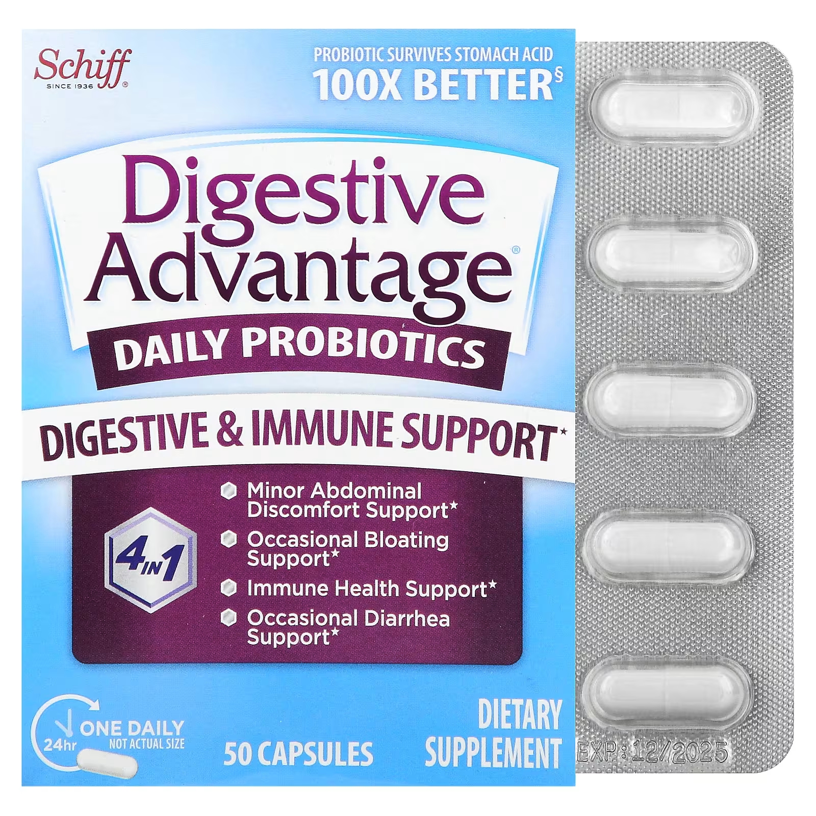 Пробиотики Schiff Digestive Advantage, 50 капсул schiff digestive advantage пребиотическая клетчатка и ежедневный пробиотик 32 таблетки