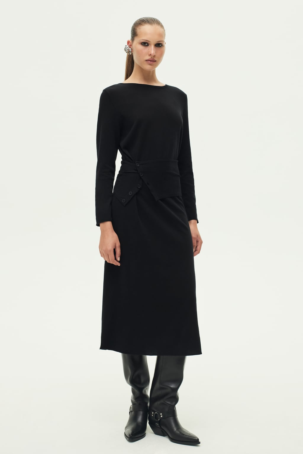 

Вязаное платье-миди с поясом ZARA, черный