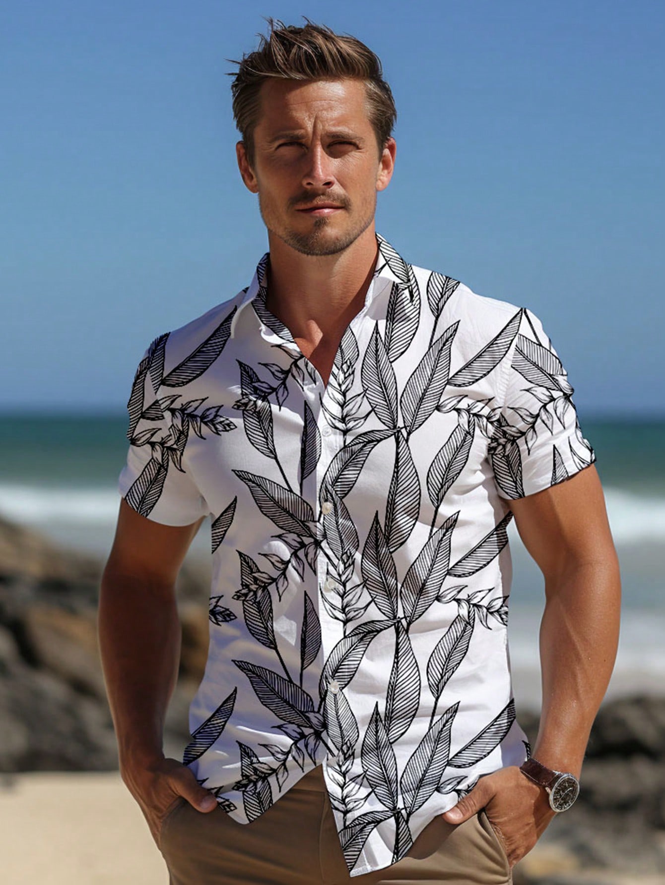 Мужская однобортная рубашка Manfinity RSRT Plus со сплошным принтом и короткими рукавами, черное и белое фотографии