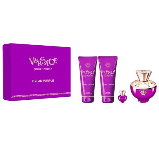 

Набор Dylan Purple Pour Femme парфюмированная вода спрей 100 мл + лосьон для тела 100 мл + гель для душа 100 мл + миниатюрная парфюмированная вода 5 мл, Versace
