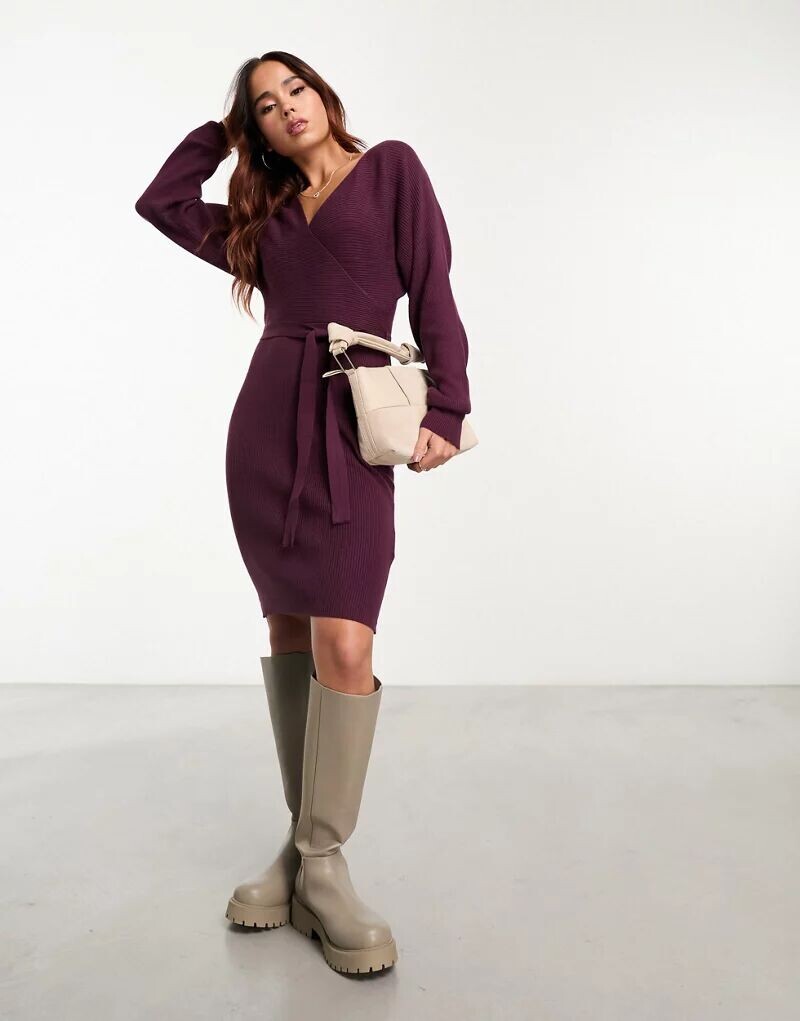 

Бордовое платье мини с длинными рукавами и запахом и поясом Vero Moda