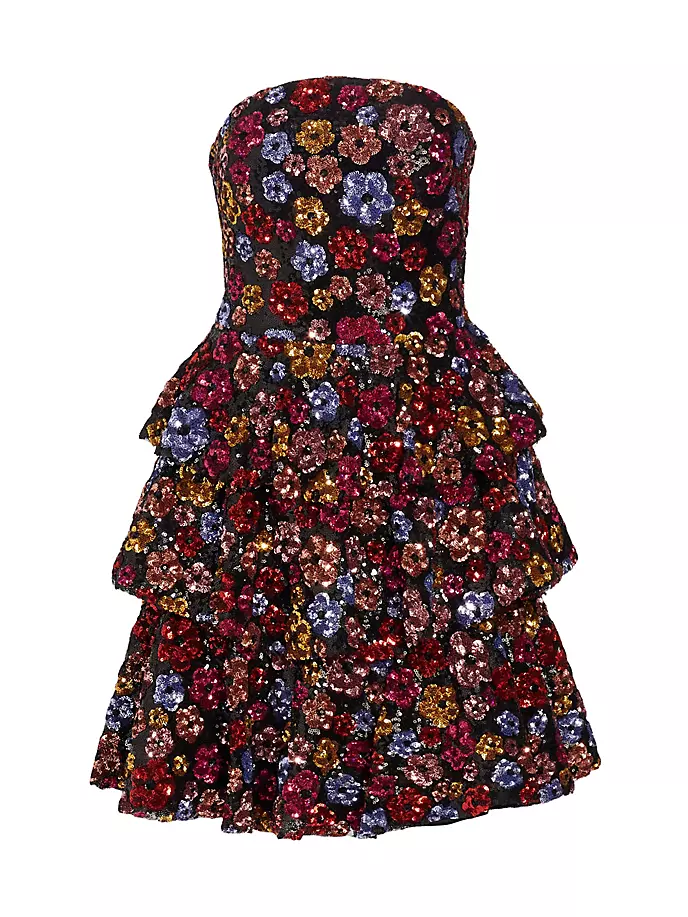 Коктейльное мини-платье из тюля с цветочным букетом и пайетками Marchesa Notte, мультиколор