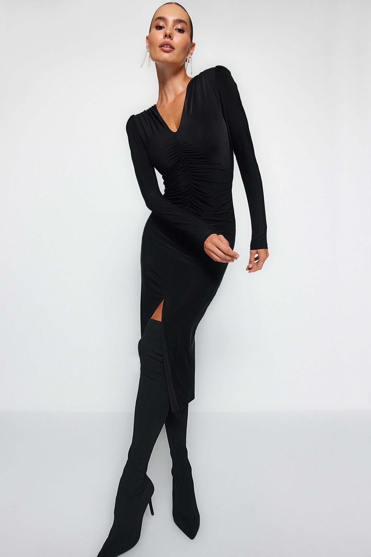 Черное приталенное вязаное элегантное вечернее платье Trendyol, черный