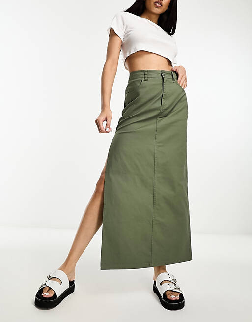 

Юбка макси чинос с разрезом цвета хаки ASOS DESIGN