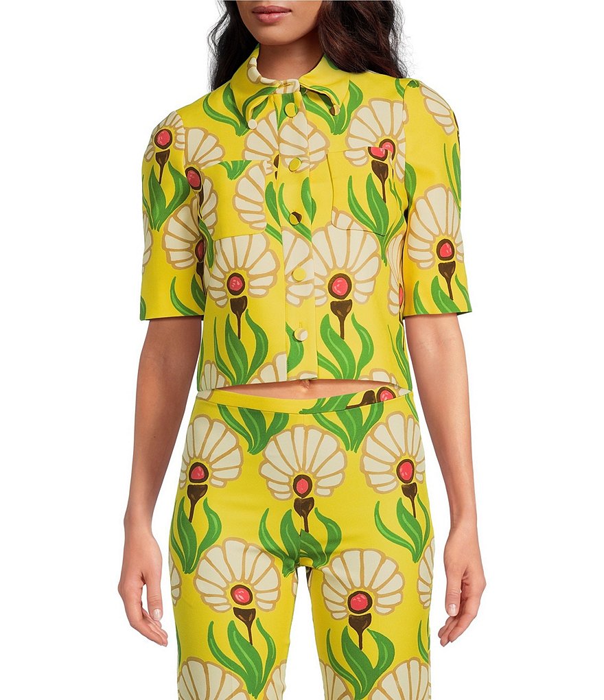 Tara Jarmon Paris Tadea эластичная тканая укороченная рубашка с короткими рукавами и цветочным принтом на пуговицах спереди, цветочный