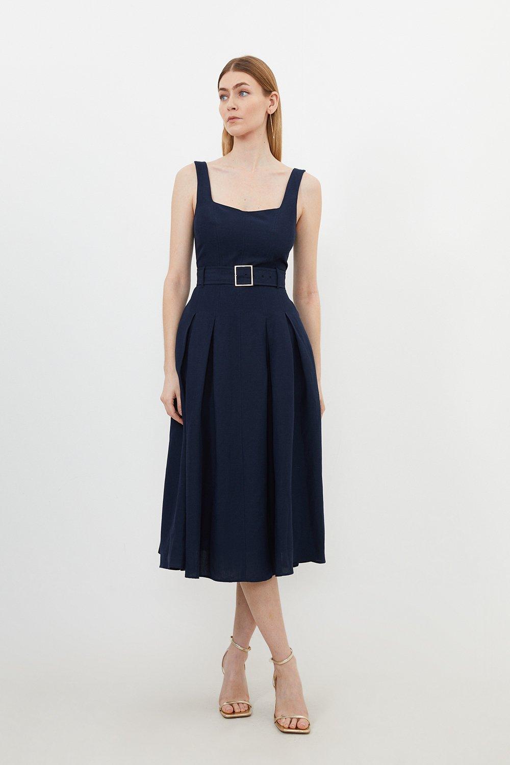 Льняное платье миди премиум-класса с квадратным вырезом и поясом Karen Millen, темно-синий платье миди с коротким рукавом квадратным вырезом и пуговицами