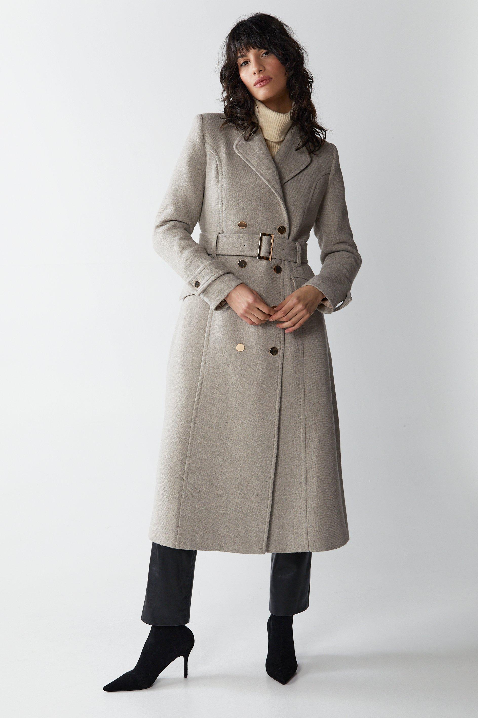 Двубортное пальто премиум-класса из итальянской шерсти строгого кроя Warehouse, бежевый