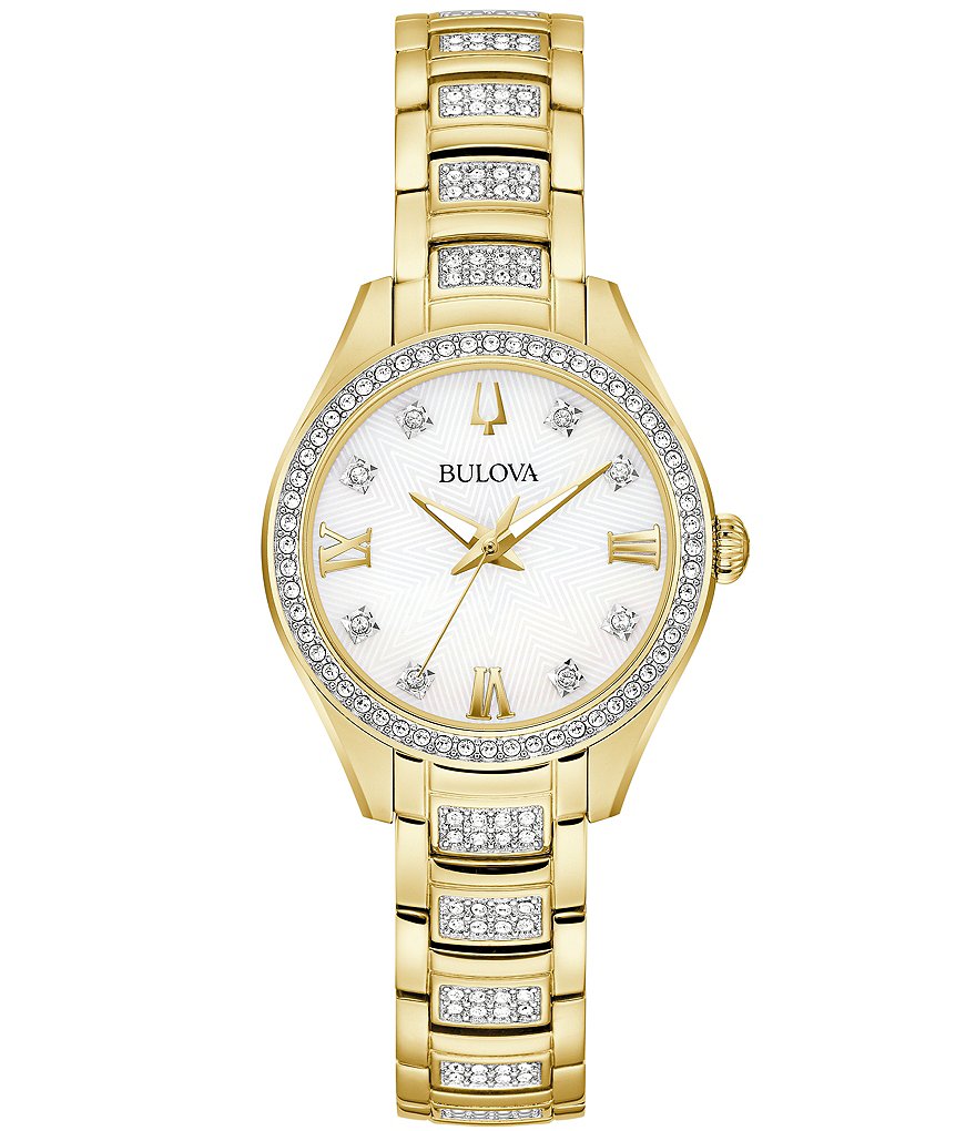 цена Bulova Crystal Collection Женские золотистые кварцевые аналоговые часы-браслет, золотой