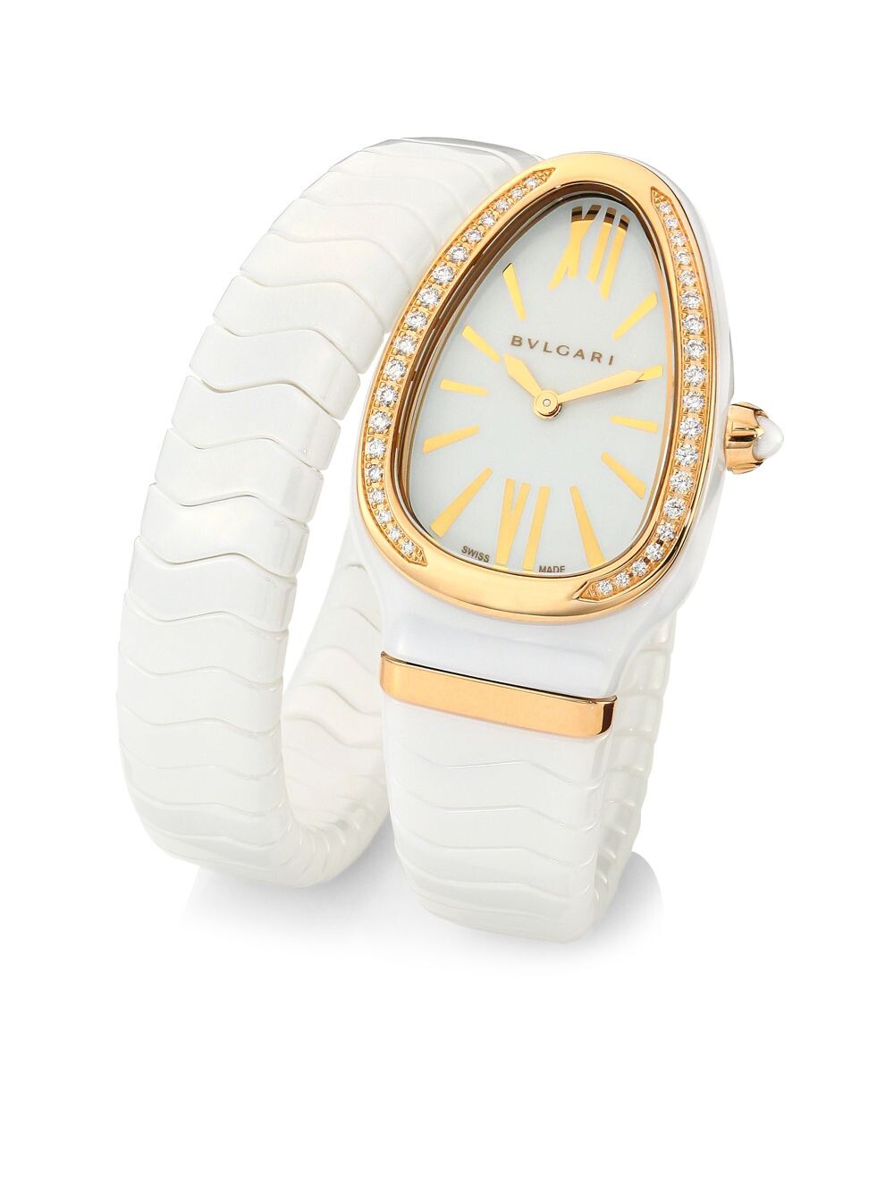 

Часы с одним поворотом Serpenti Spiga из розового золота, белой керамики и бриллиантов BVLGARI, белый