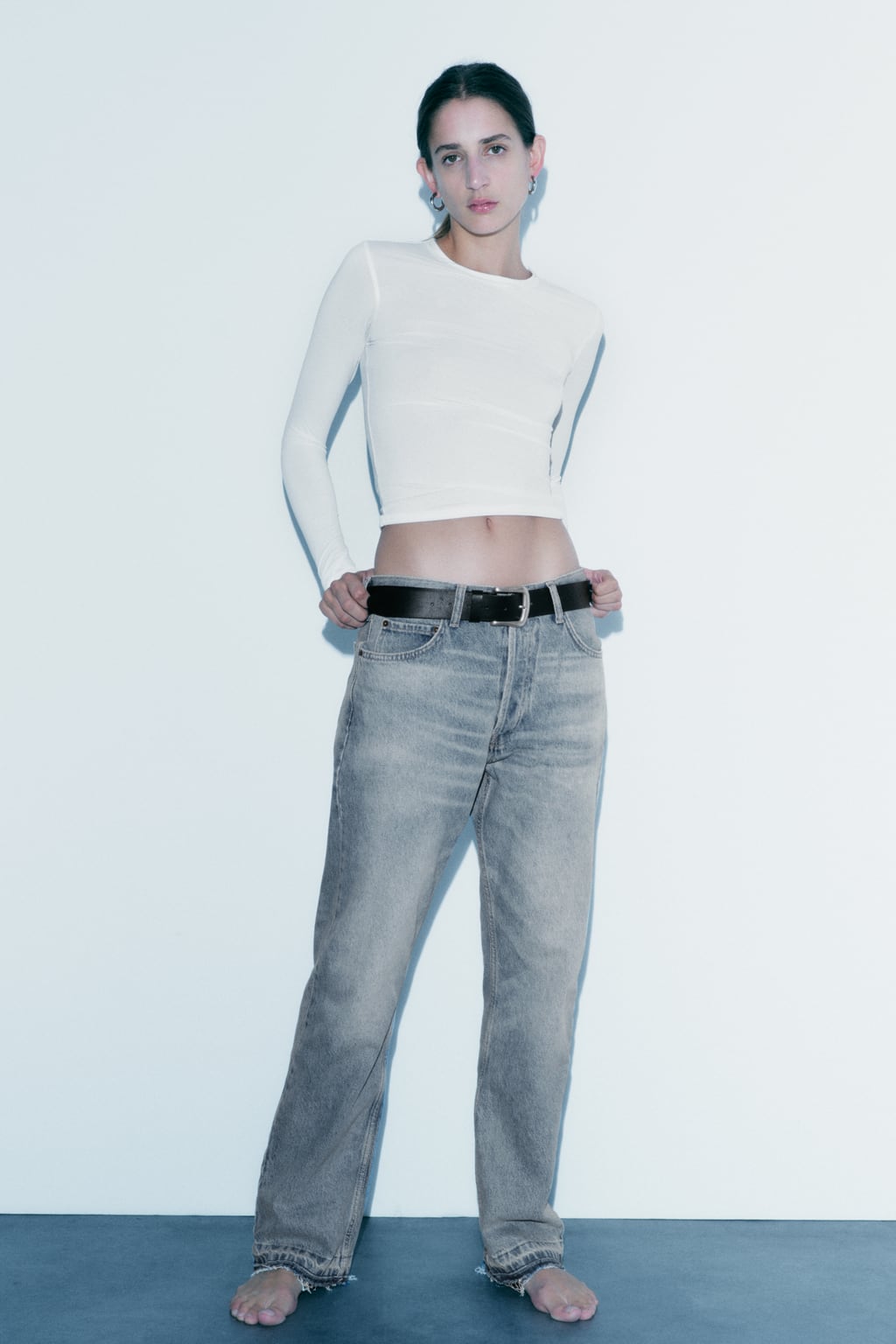 

Топ из полиамида с длинными рукавами ZARA, белый