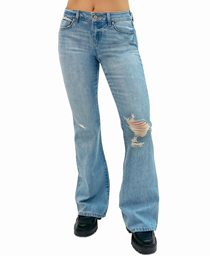Женские расклешенные джинсы с низкой посадкой Rewash, синий застиранные потертые и рваные джинсы голубые