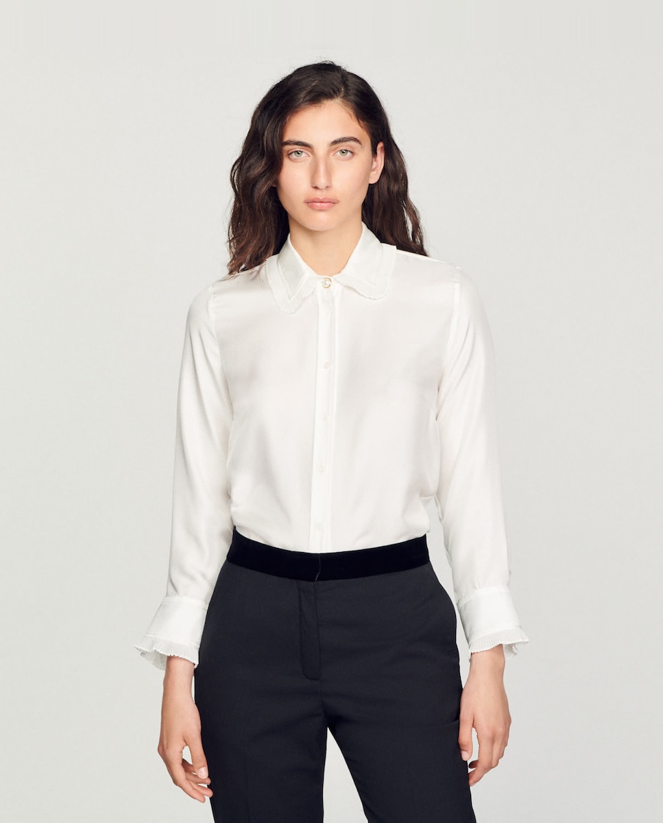 Женская шелковая рубашка с вышитым и плиссированным воротником Sandro, белый