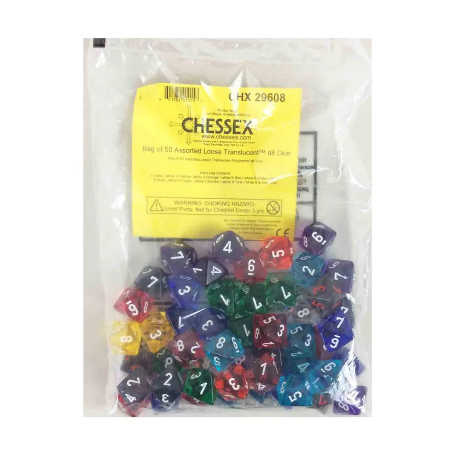 

Полупрозрачные многогранные кубики d8 (50) Пересмотренный, Dice - Bags of Dice (Assorted Colors) (Chessex)