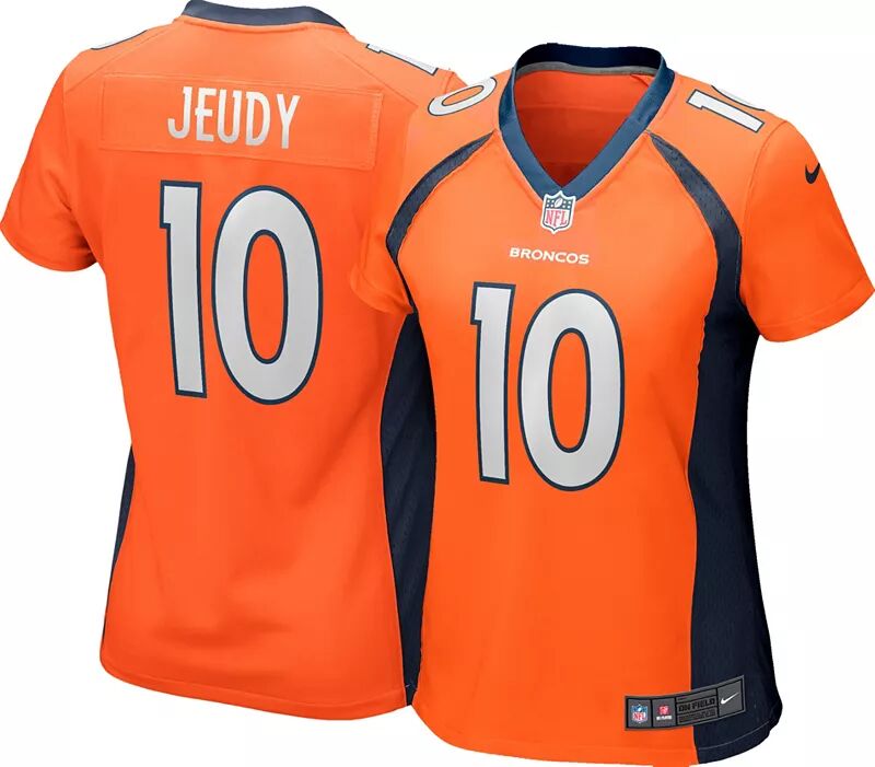 

Женская футболка Nike Denver Broncos Jerry Jeudy #10 оранжевого цвета