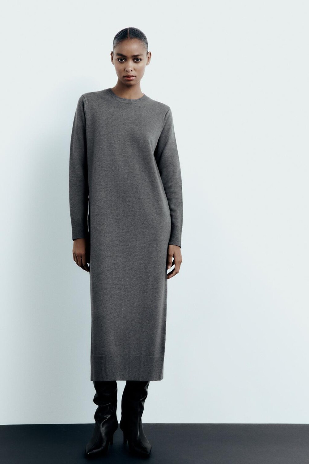 

Длинное трикотажное платье в полоску ZARA, средне-серый