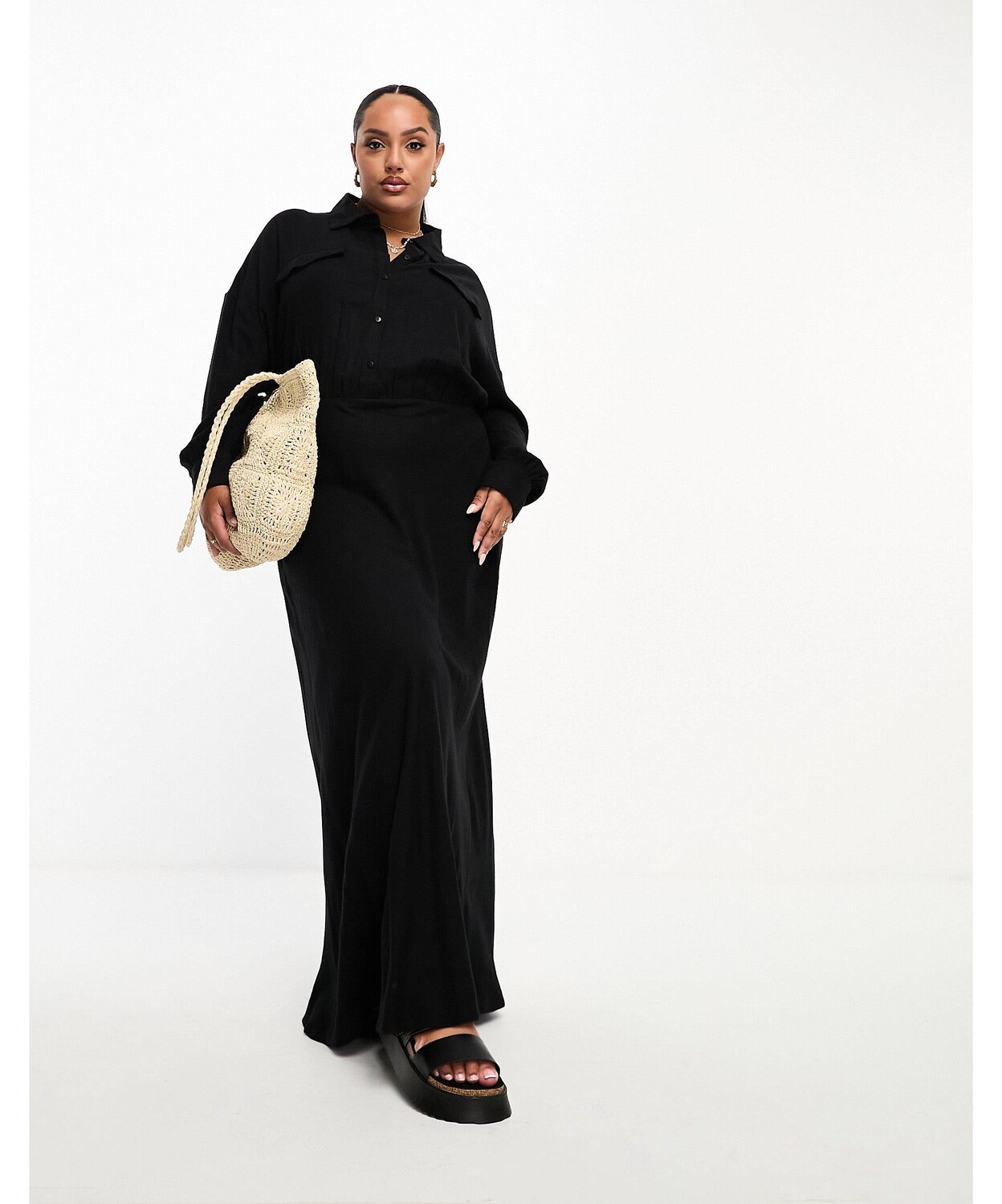 

Черное льняное платье-рубашка макси в стиле милитари с поясом ASOS DESIGN Curve ASOS Curve