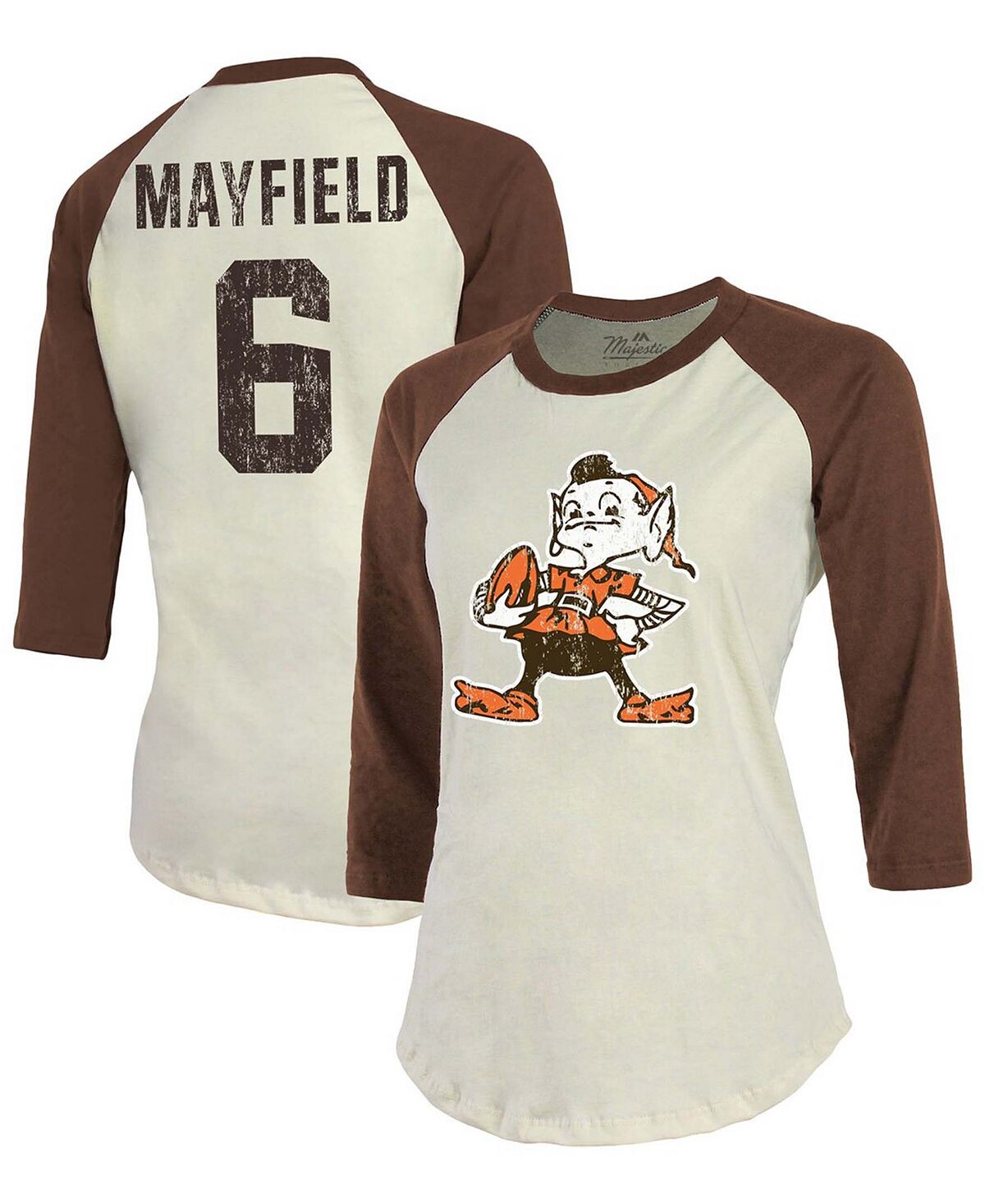 

Женская футболка кремового цвета Baker Mayfield, коричневая Cleveland Browns Player реглан, имя, номер, рукав 3/4 Fanatics