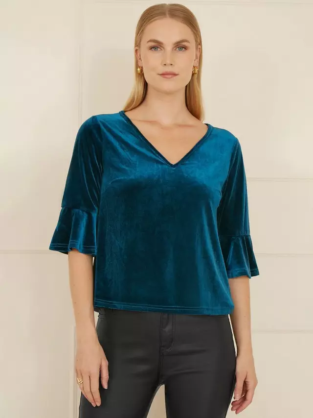 

Блуза Yumi Velvet Fluted Sleeve, цвет teal