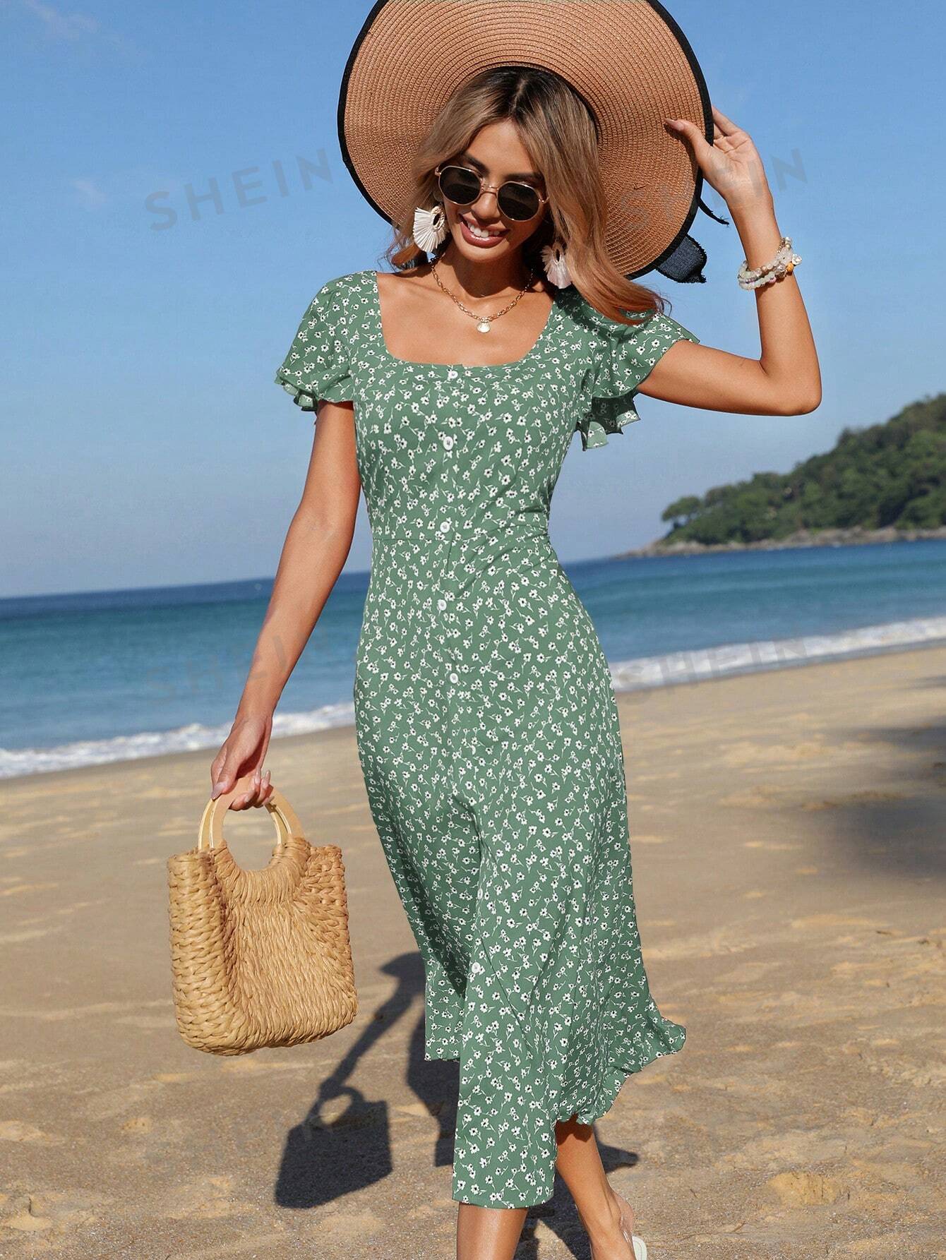 SHEIN Frenchy женское платье с короткими рукавами и цветочным принтом, оливково-зеленый платье с короткими рукавами и принтом s синий
