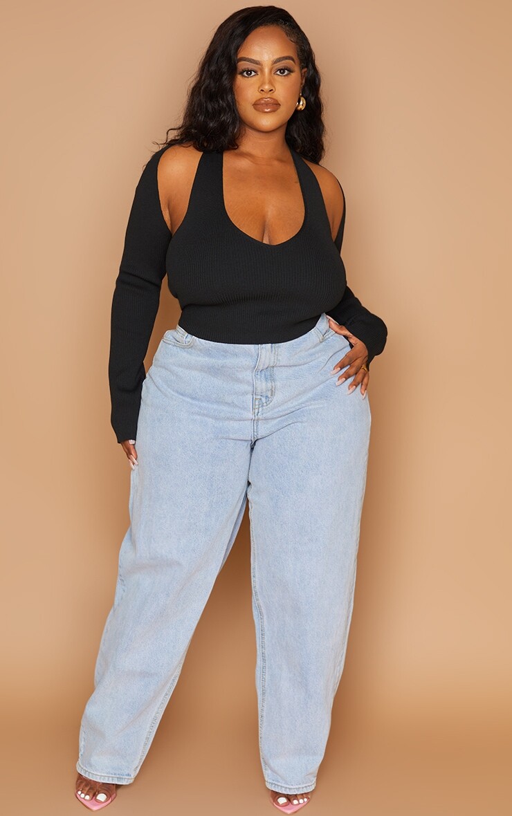 

PrettyLittleThing Плюс черный вязаный бюстгальтер в рубчик и топ с длинными рукавами