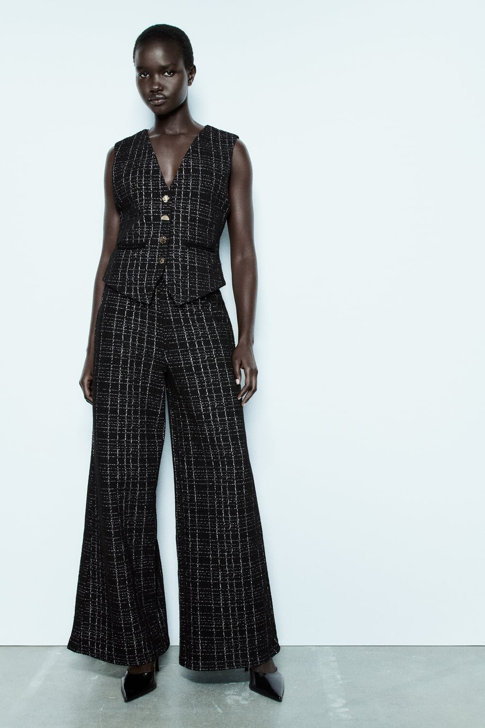 

Жаккардовый жилет с текстурной структурой на пуговицах ZARA, черно-белый