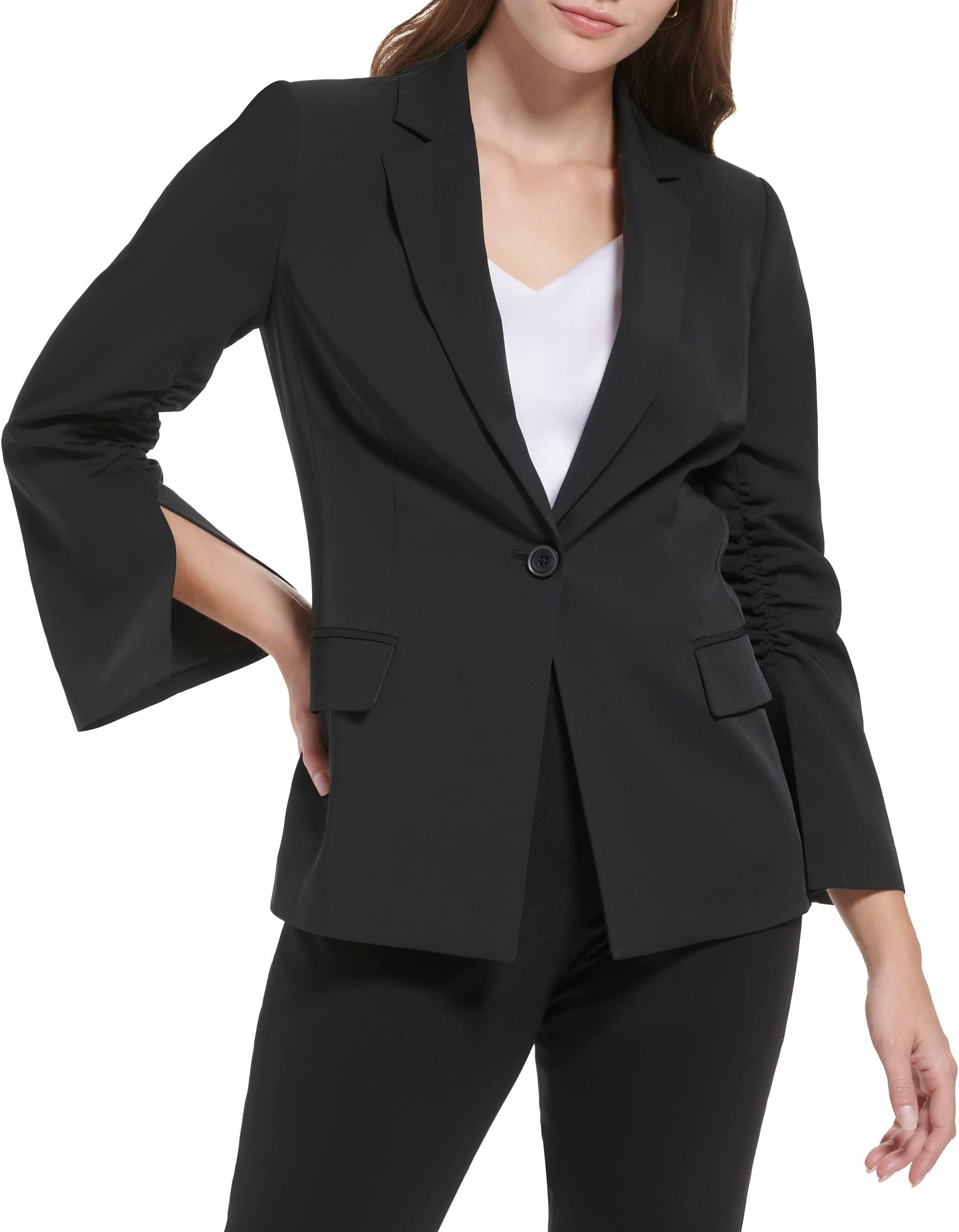 Пиджак на одной пуговице с рюшами на рукавах Calvin Klein, черный женский пиджак lux на одной пуговице calvin klein цвет charcoal