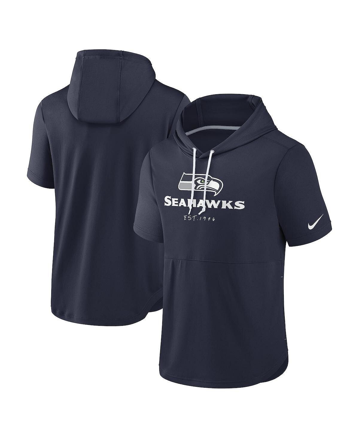 

Мужской темно-синий пуловер с капюшоном Seattle Seahawks с короткими рукавами Nike
