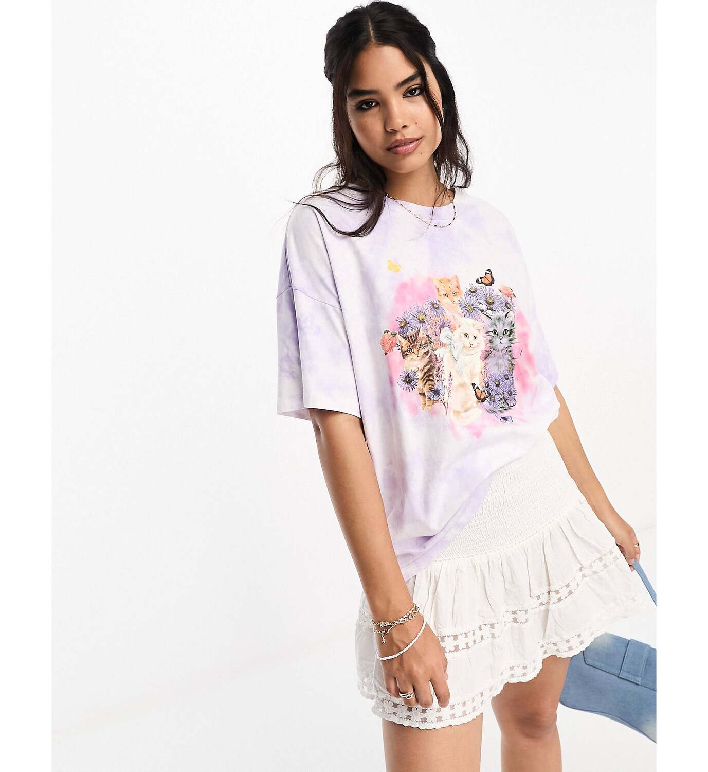

Лиловая футболка оверсайз с изображением кошек ASOS DESIGN