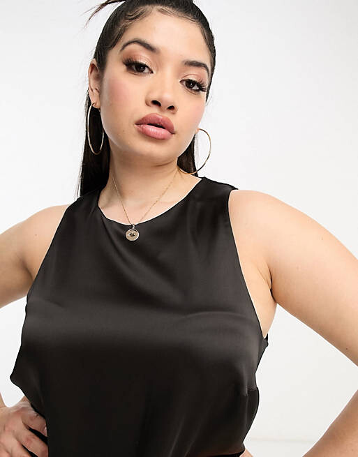 

Черное атласное платье миди с воротником-борцовкой ASOS DESIGN Curve