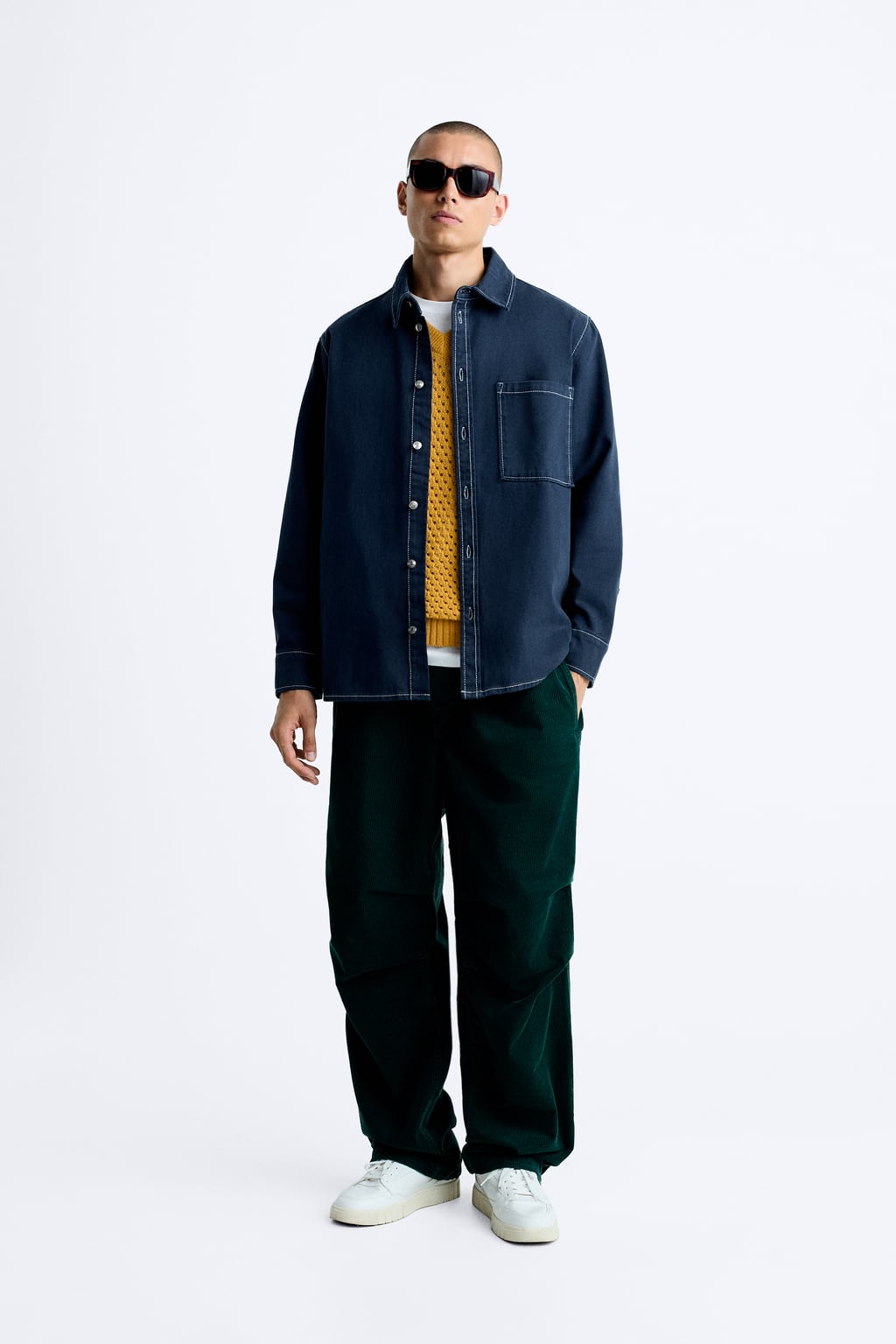 

Верхняя рубашка с контрастной отстрочкой ZARA, синий