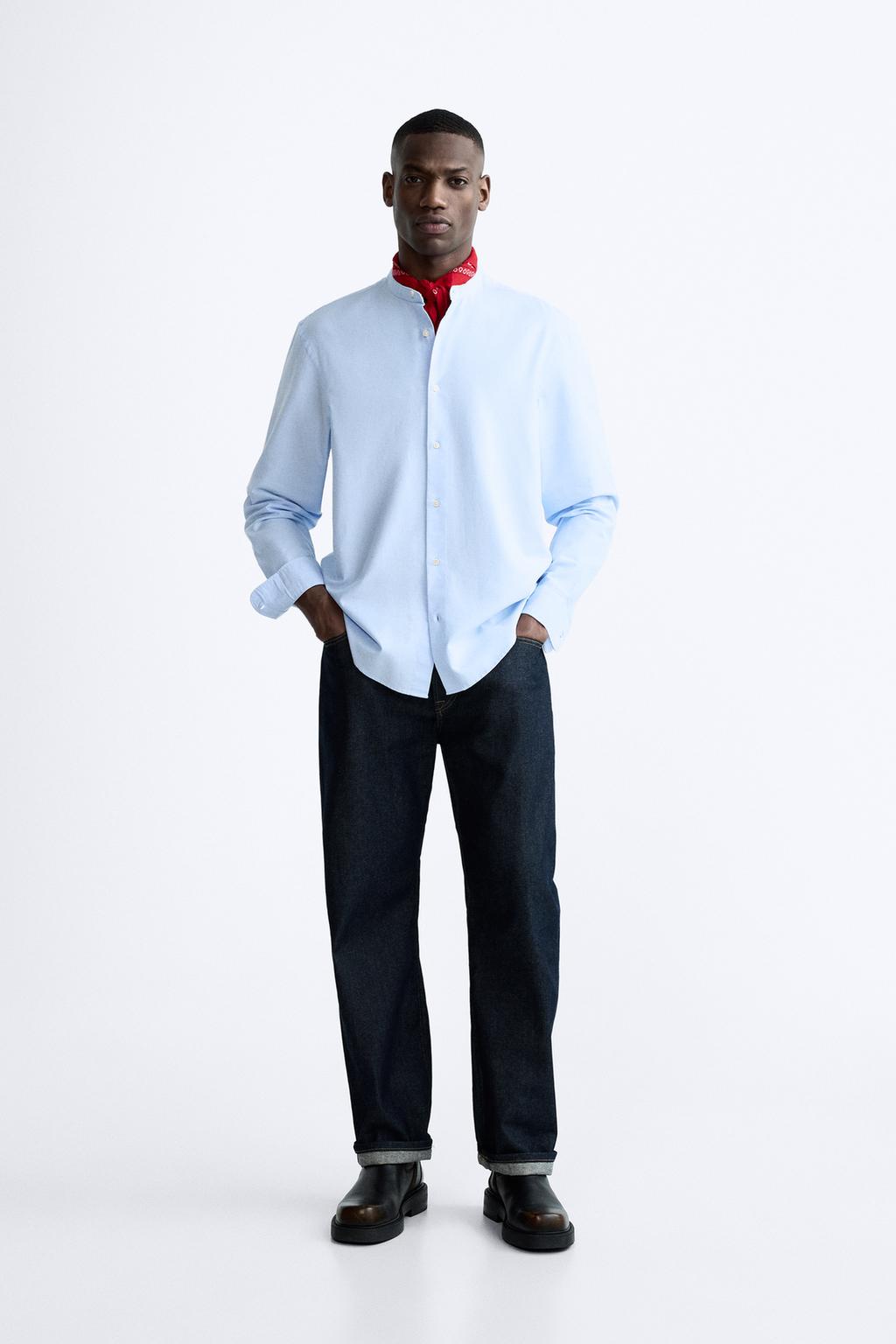 полосатая рубашка стандартного кроя из хлопковой пряжи Оксфордская рубашка с воротником-полоской ZARA, голубое небо