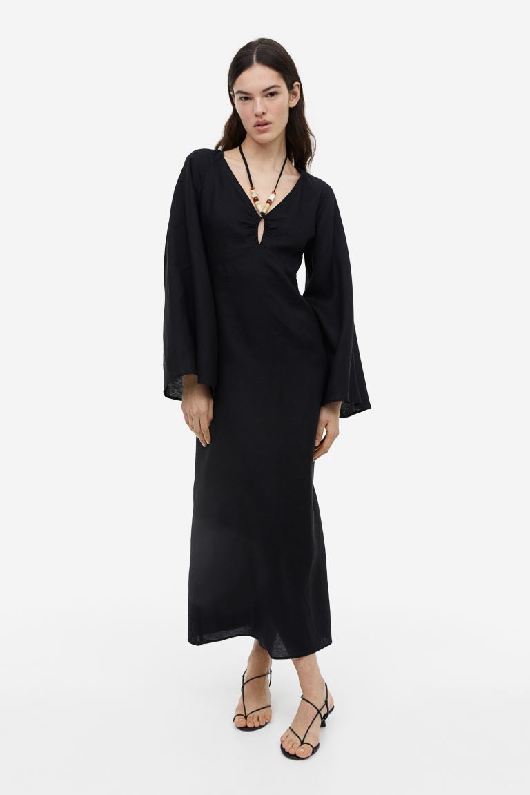 Платье из смесового льна H&M платье длинное v образный вырез длинные рукава 46 серебристый