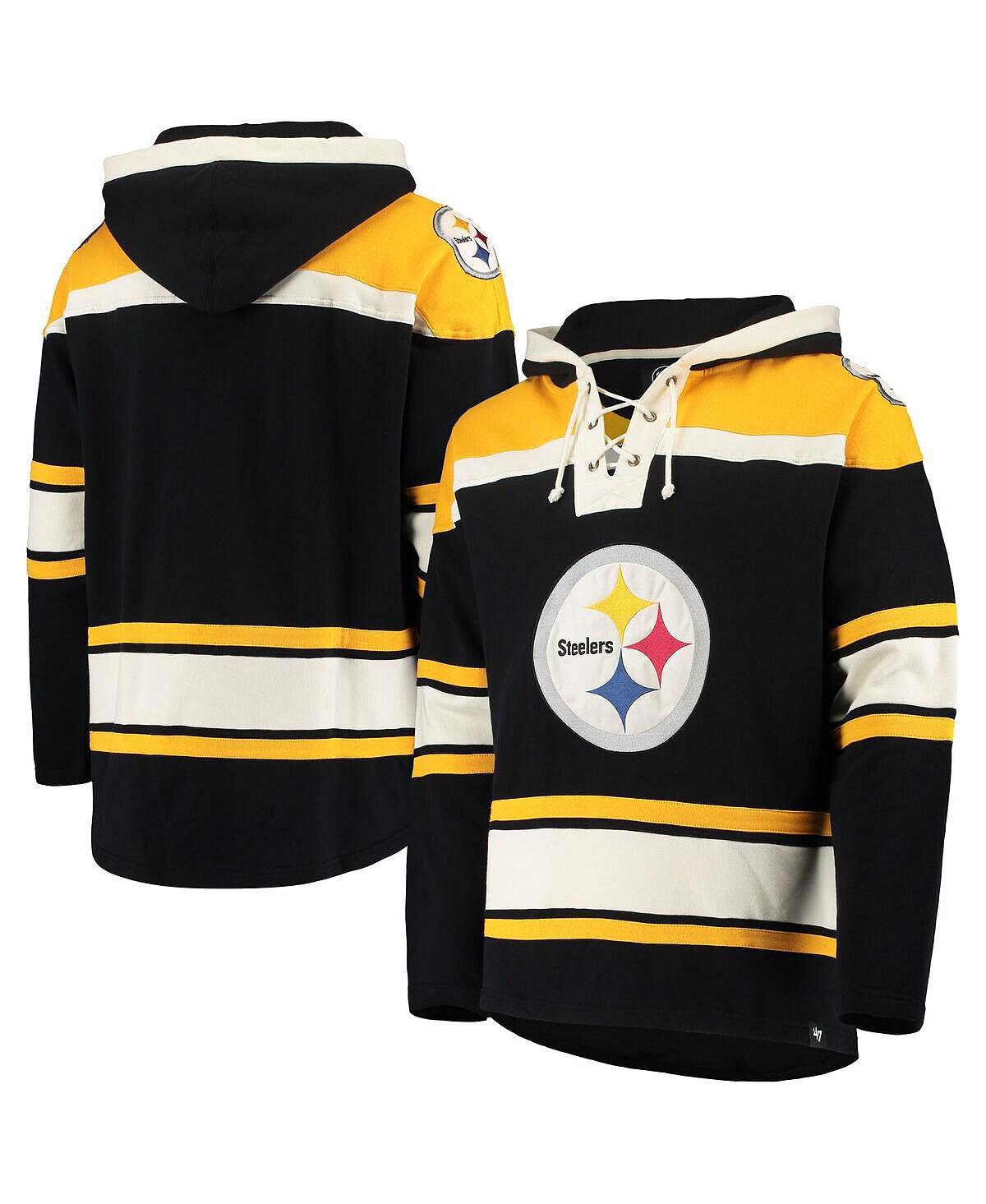 

Мужской черный, золотой пуловер с капюшоном Pittsburgh Steelers со шнуровкой и v-образным вырезом '47 Brand