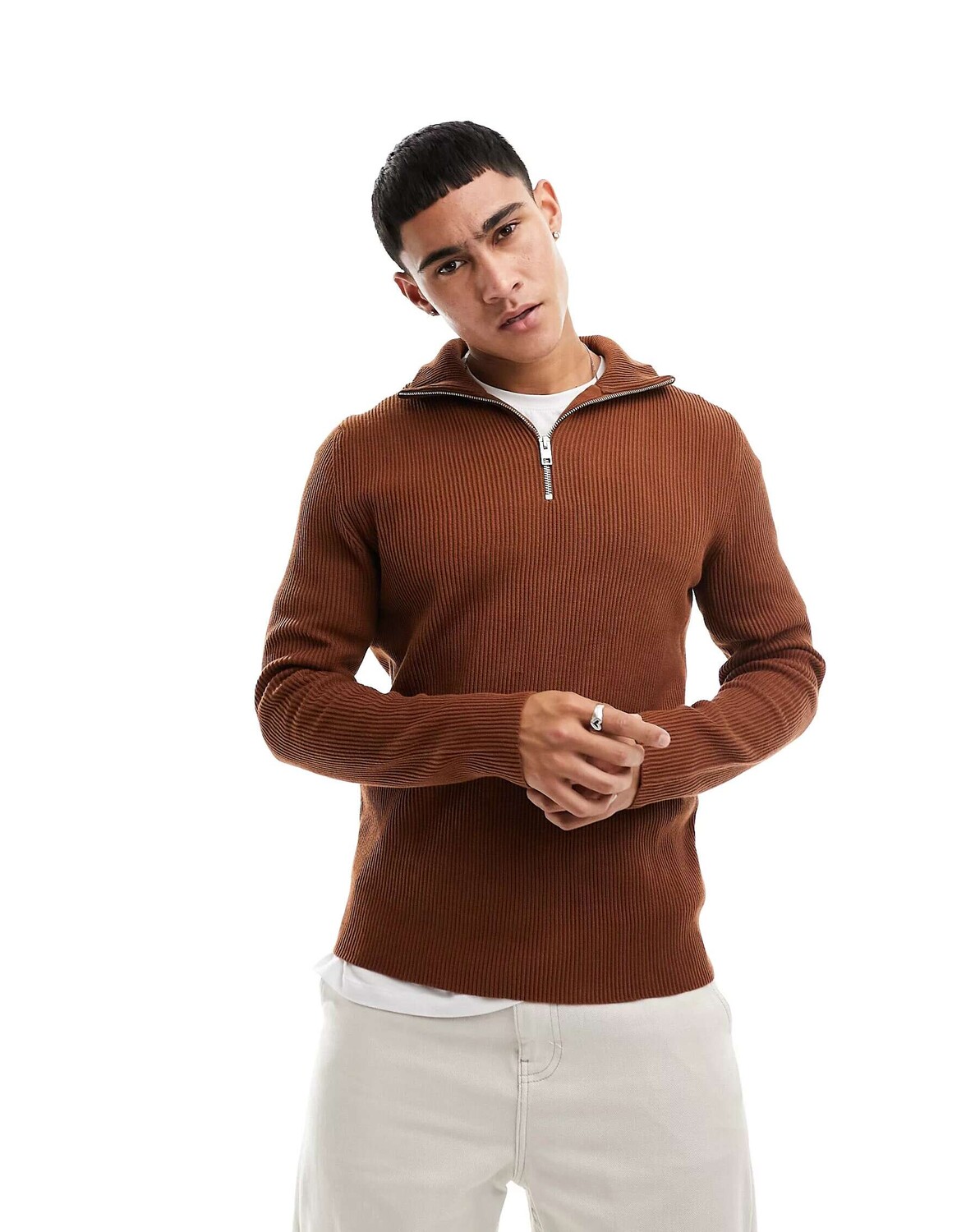 

Коричневый джемпер в рубчик с полумолнией Jack & Jones Premium