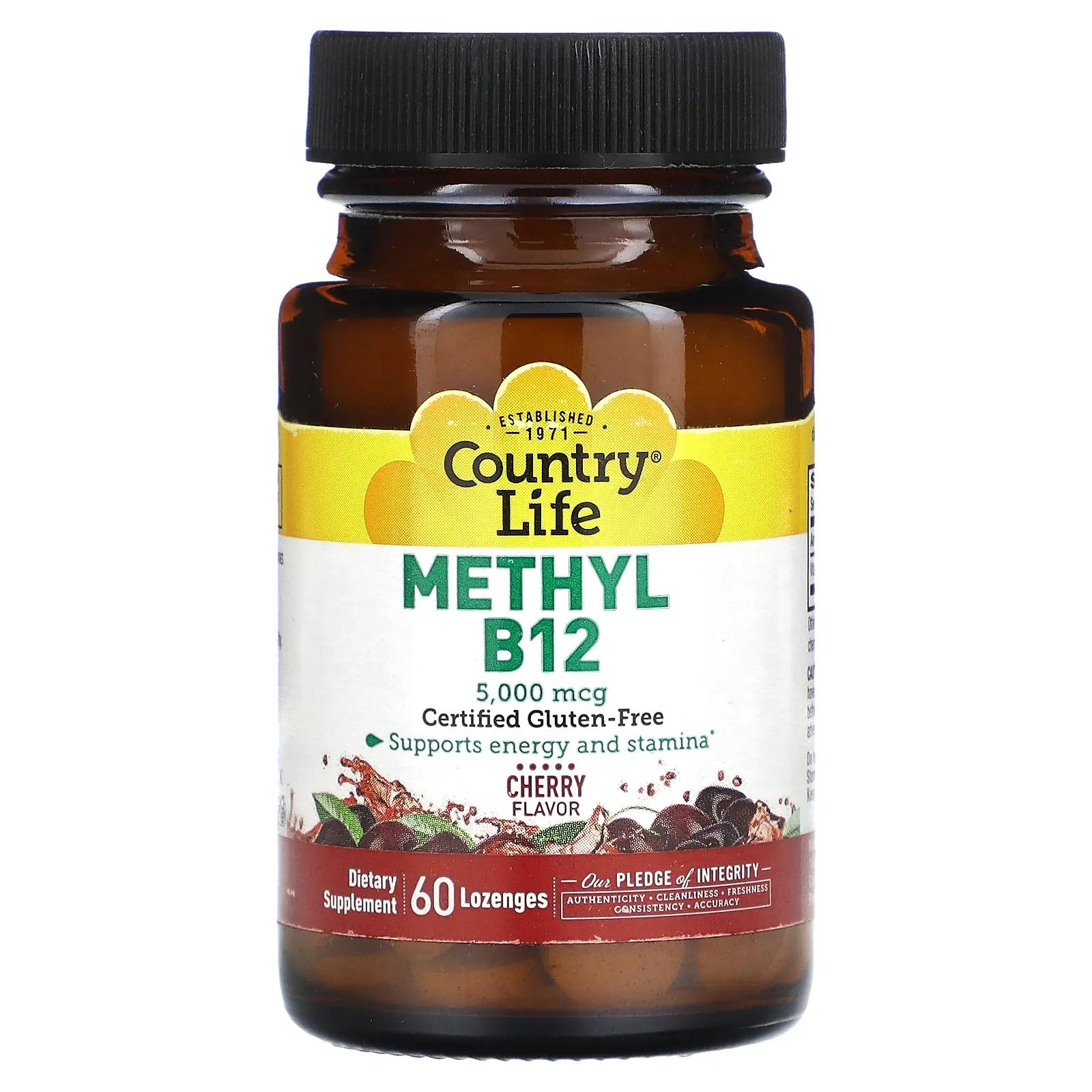 Country Life Метил B12 со вкусом вишни 5000 мкг 60 леденцов jarrow formulas метил b12 и метилфолат со вкусом вишни 5000 мкг 800 мкг 60 жевательных таблеток