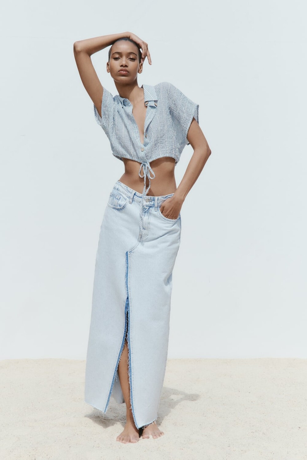 

Укороченная рубашка в полоску ZARA, синий