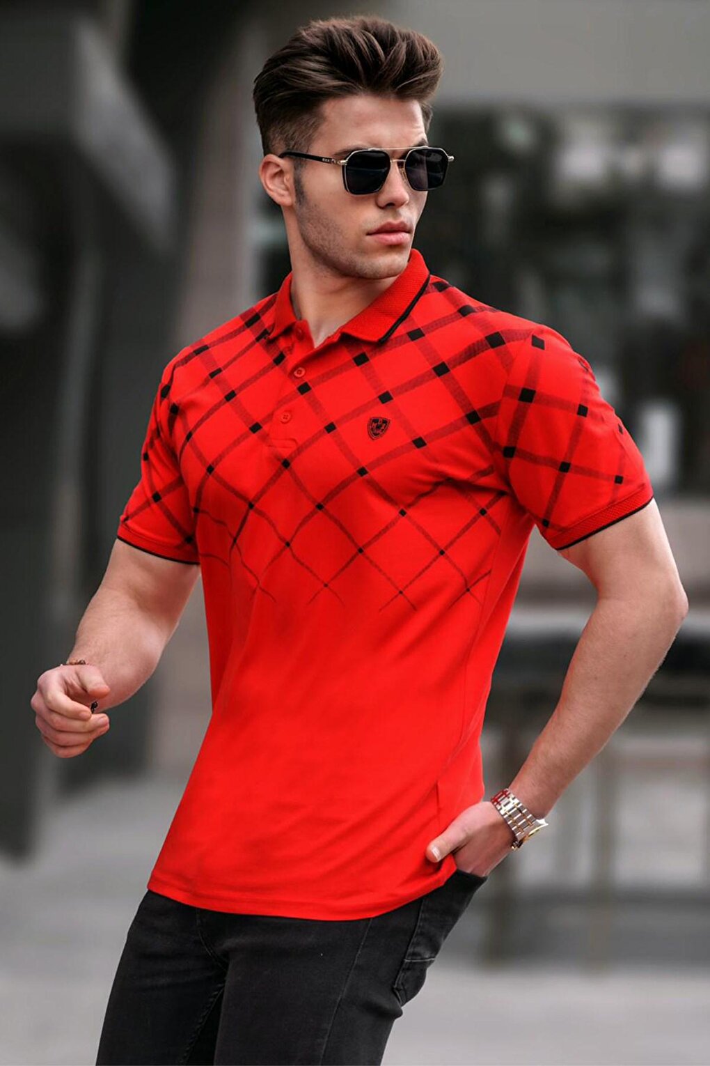 Красная мужская футболка с воротником поло на пуговицах 5867 MADMEXT