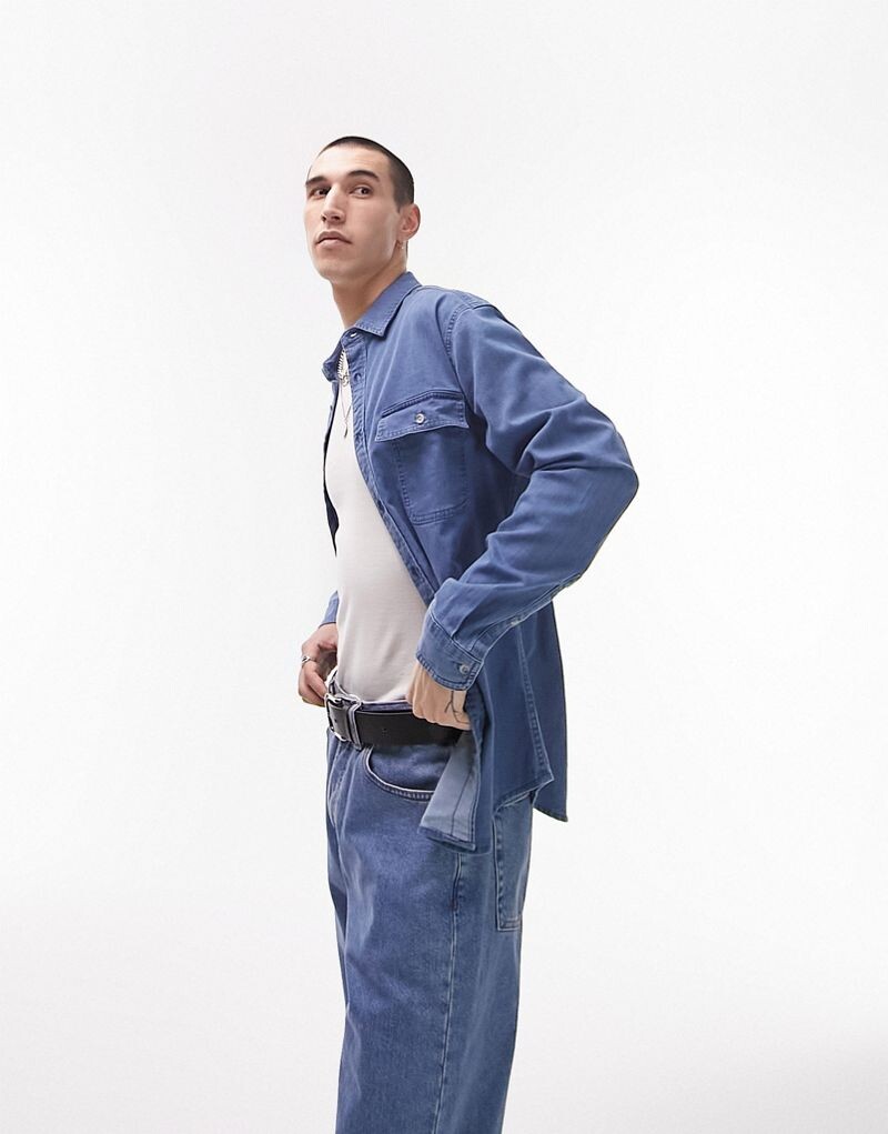 

Синяя джинсовая рубашка из эластичного материала с длинными рукавами Topman